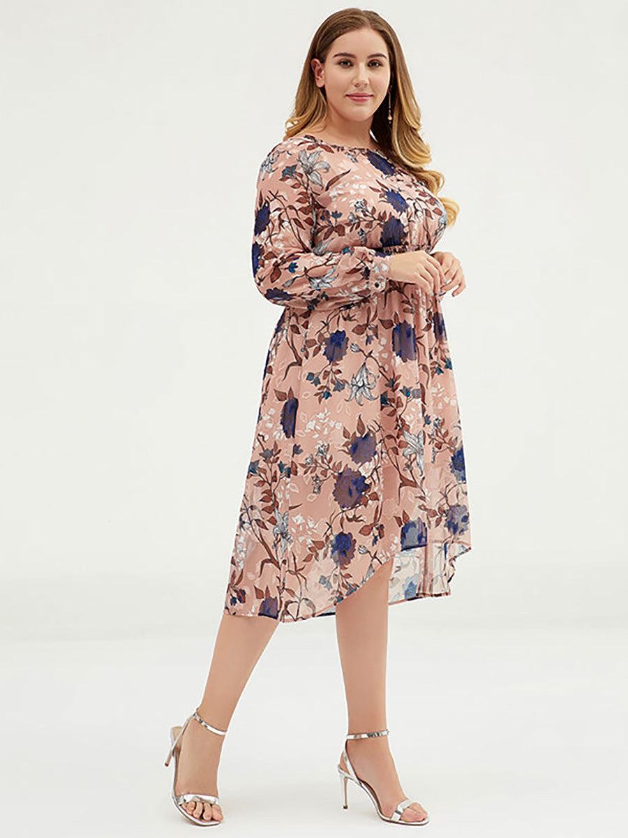 Plus Size Women Floral Chiffon Midi Dress With Belt