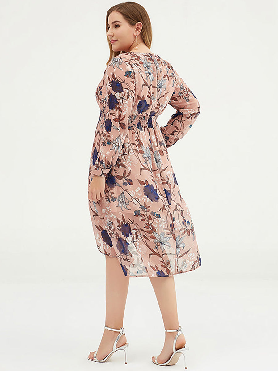Plus Size Women Floral Chiffon Midi Dress With Belt