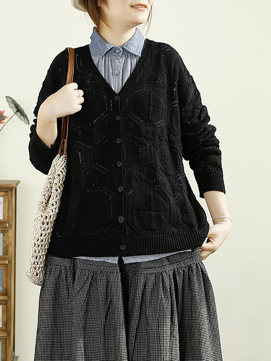 Women Autumn Vintage Knitted V-Neck Cardigan Sweater