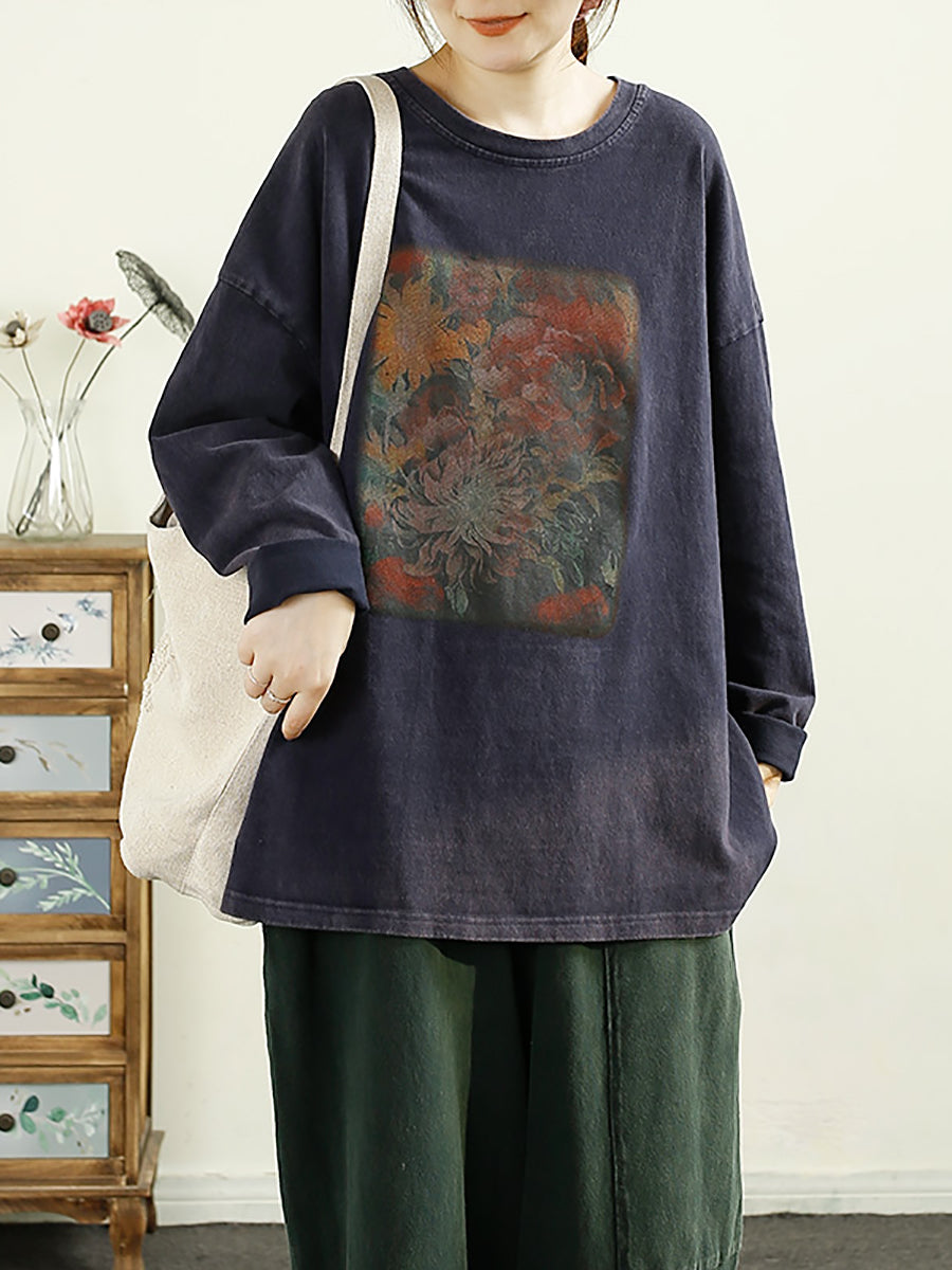 Women Autumn Worn Flower O-Neck Cotton Sweatshirt