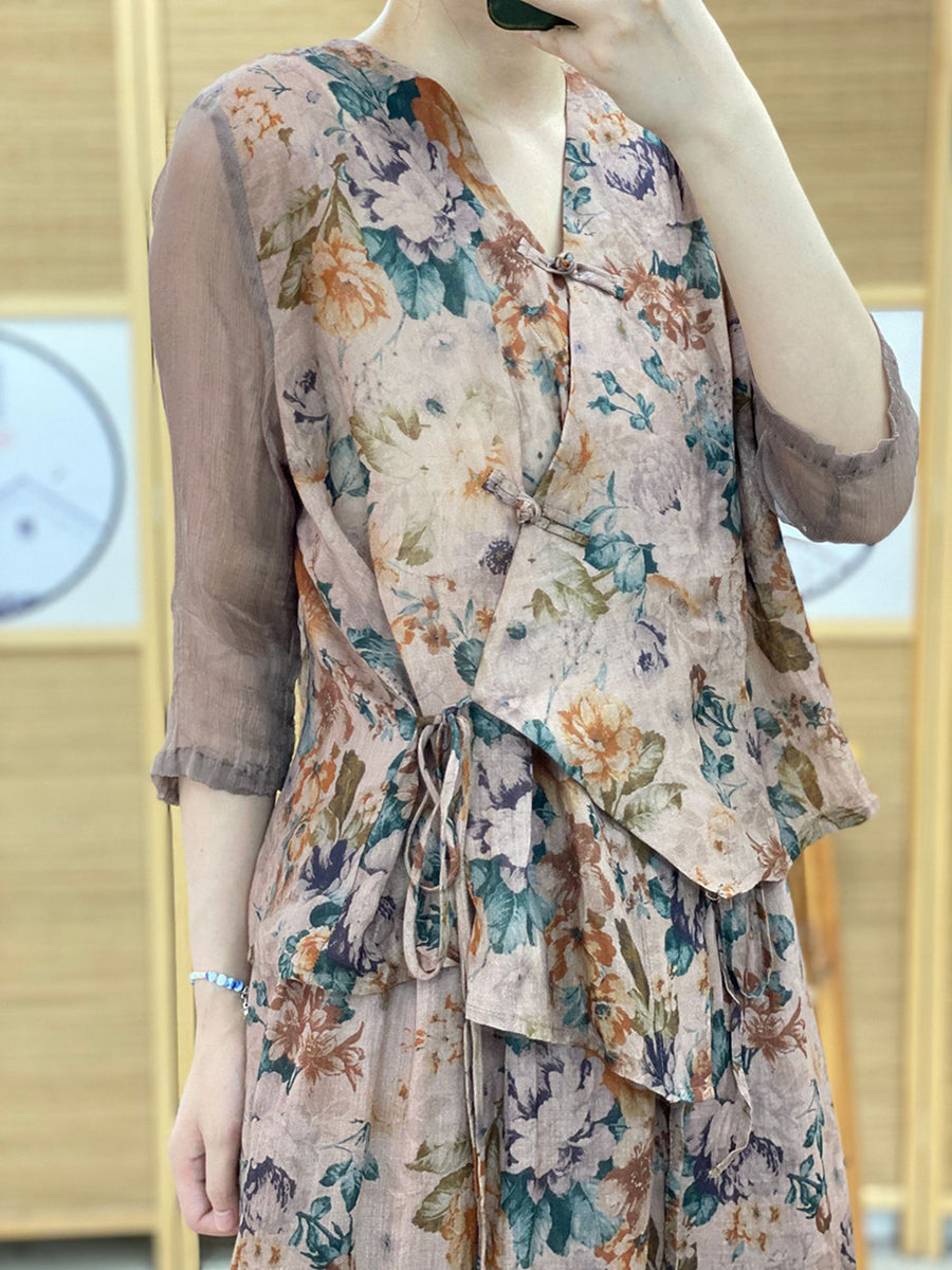 Women Vintage Floral Drawstring Button Spliced Shirt+Skirt