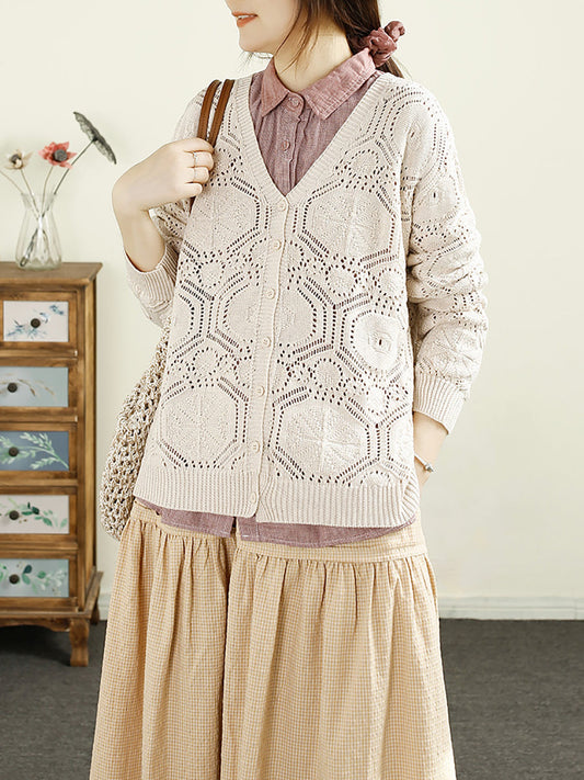Women Autumn Vintage Knitted V-Neck Cardigan Sweater