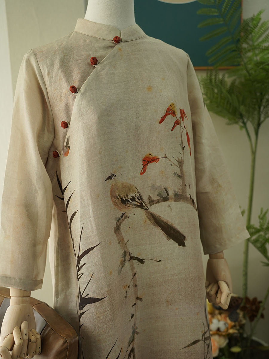 Women Summer Vintage Print Linen Robe Dress