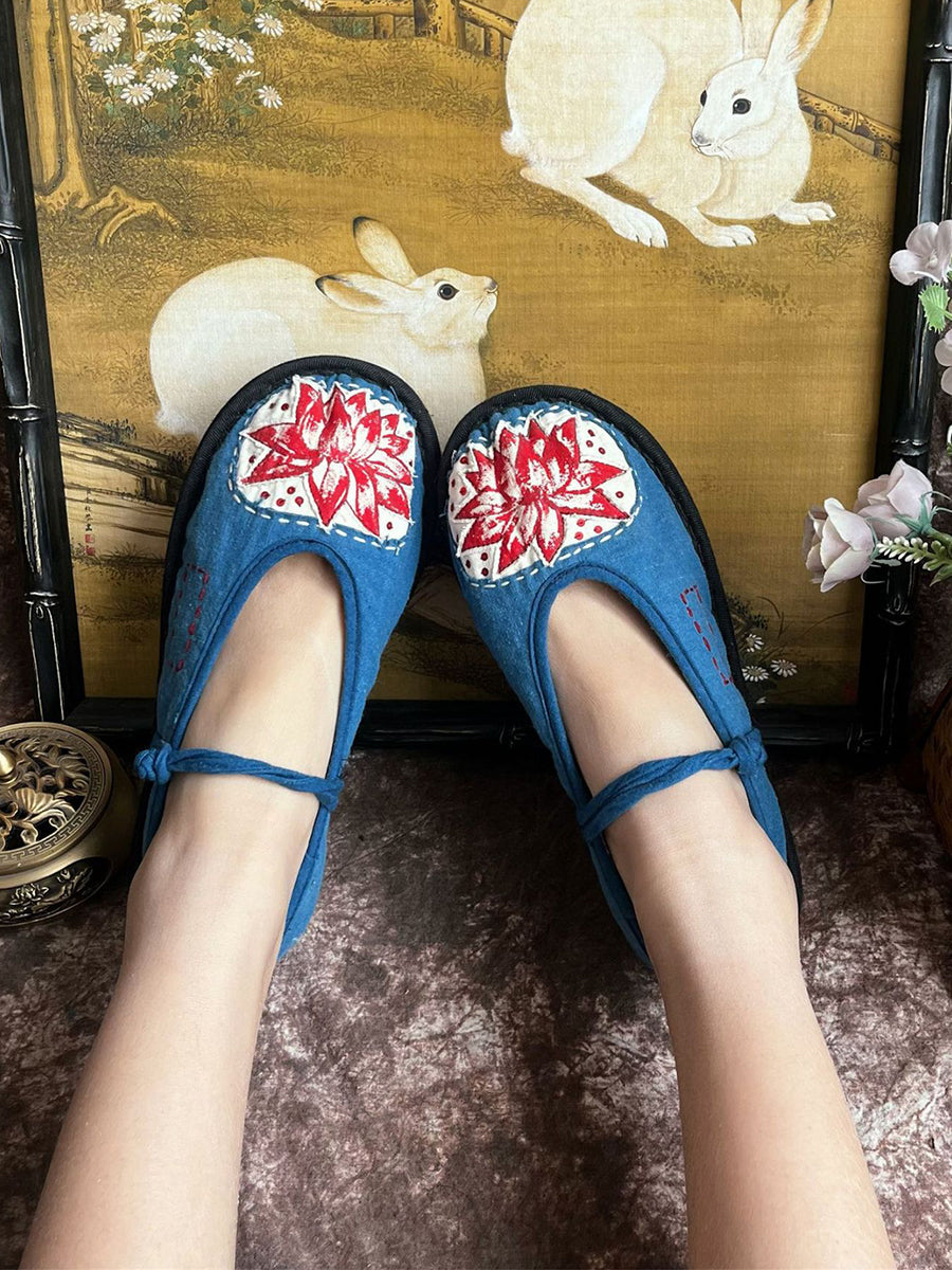 Women Summer Ethnic Lotus Print Cloth Shoes