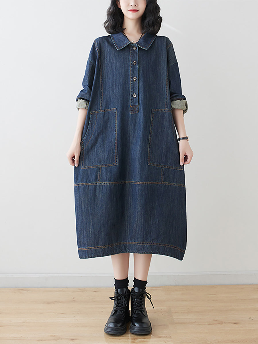 Women Summer Autumn Denim Polo Collar Denim Dress