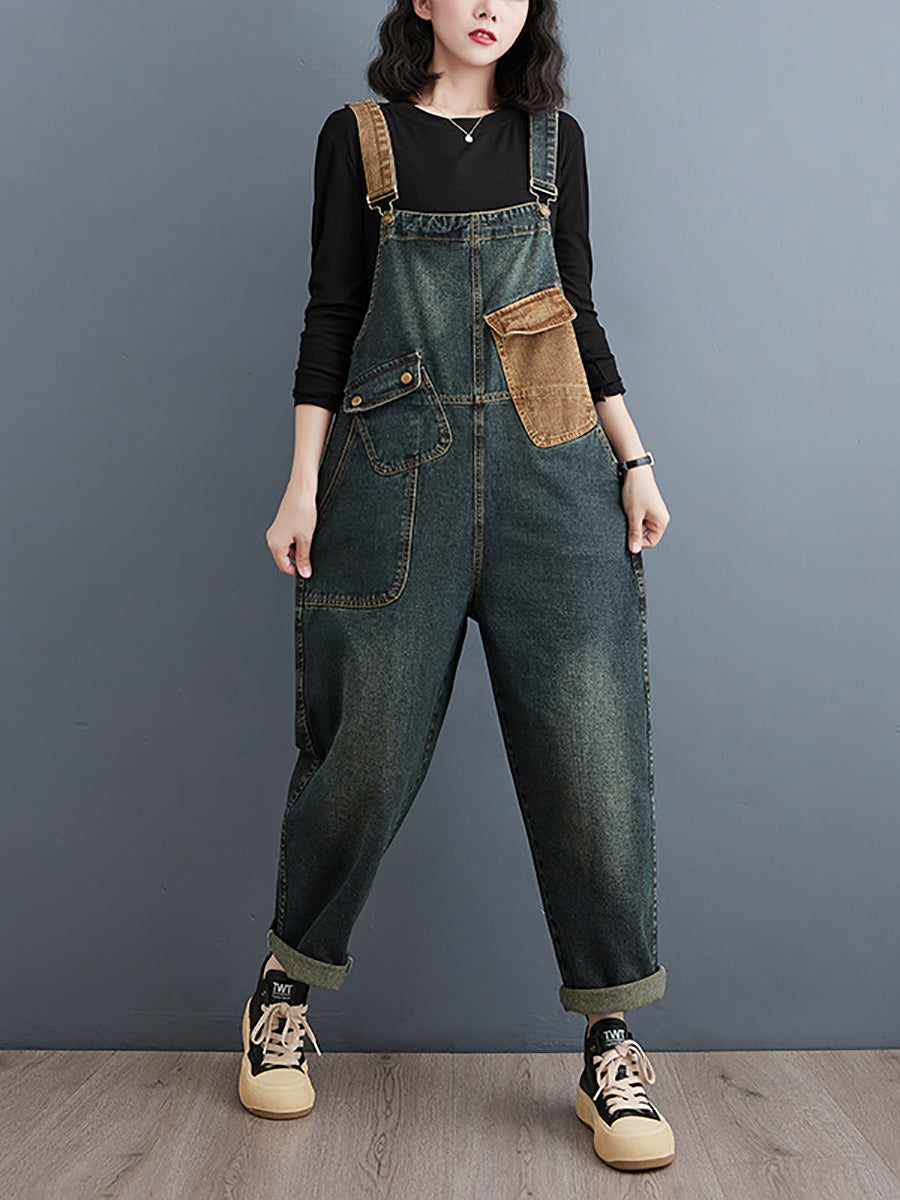 Women Vintage Colorblock Denim Loose Jumpsuits