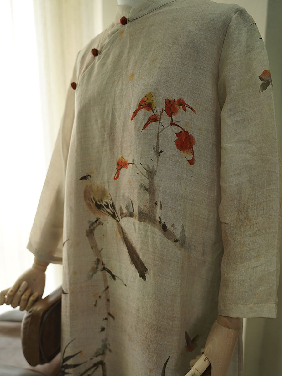 Women Summer Vintage Print Linen Robe Dress