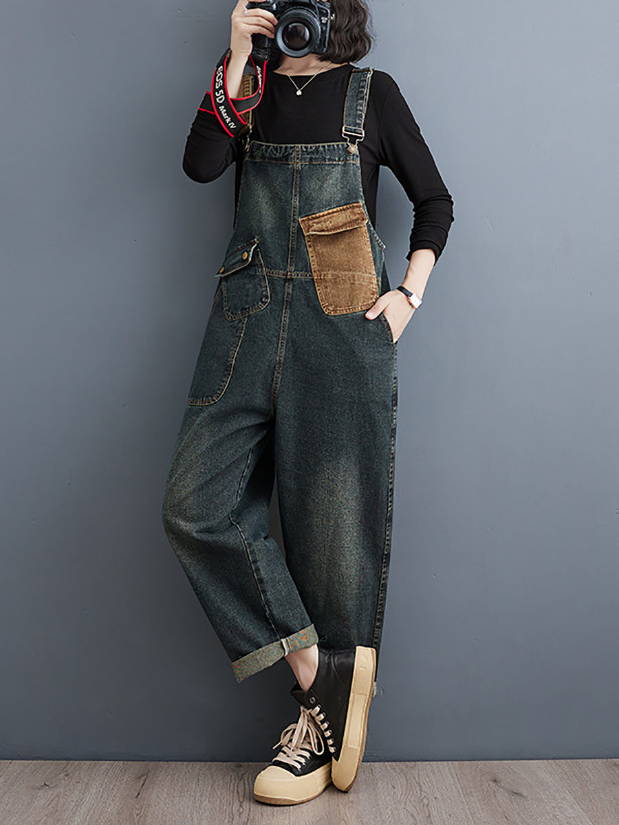 Women Vintage Colorblock Denim Loose Jumpsuits