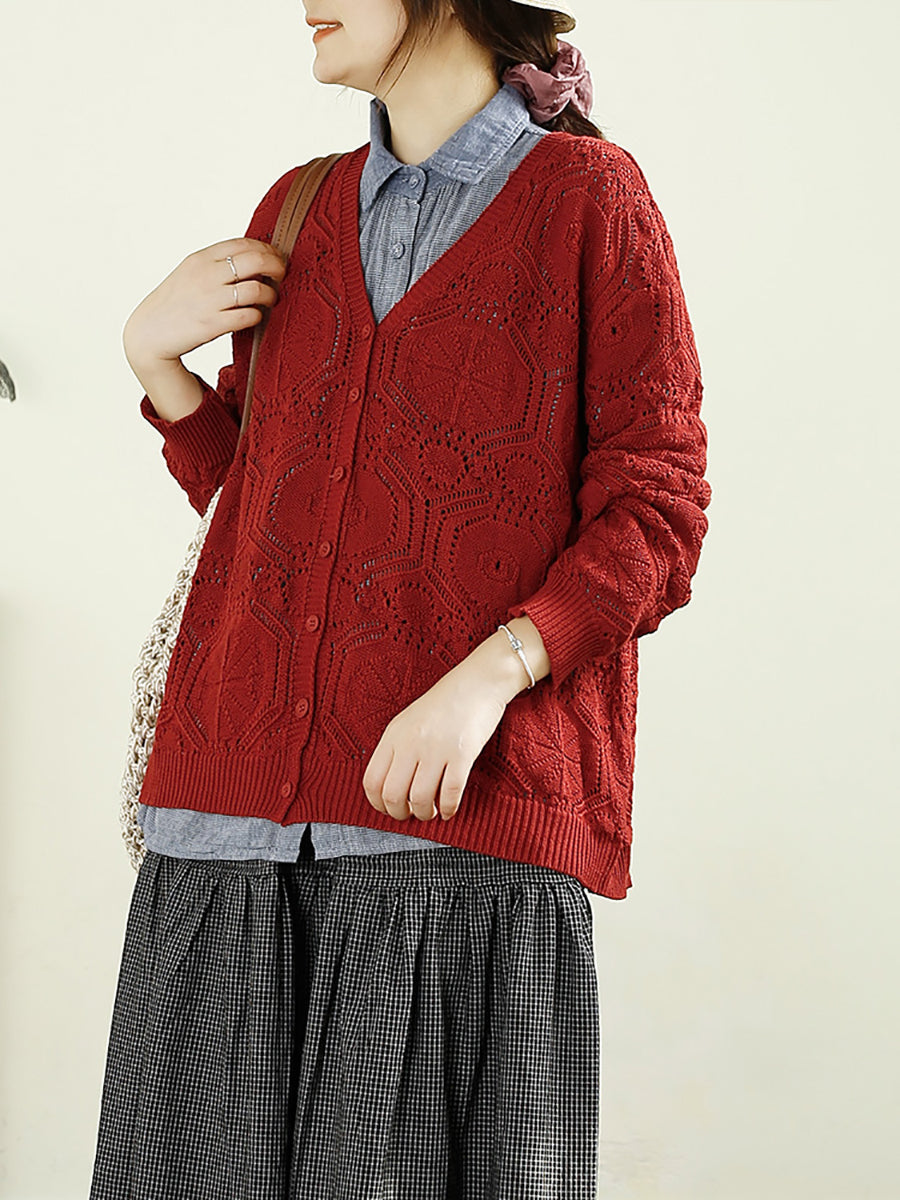 Women Autumn Vintage Knitted V-Neck Cardigan Sweater