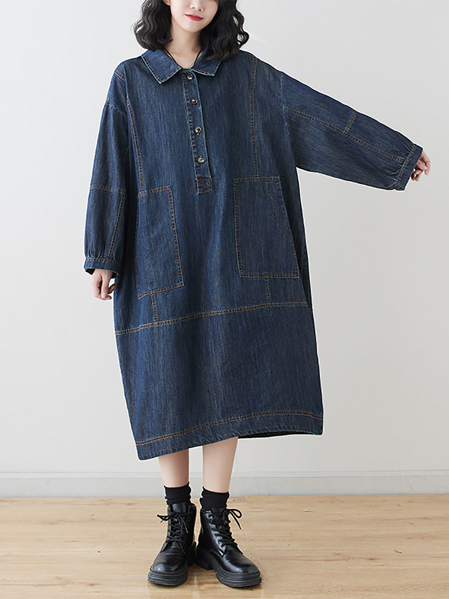 Women Summer Autumn Denim Polo Collar Denim Dress