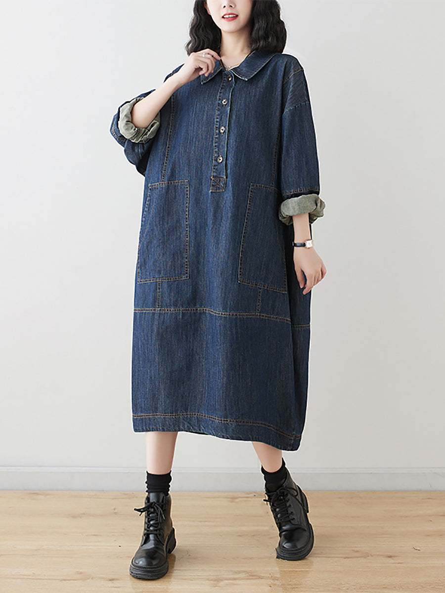 Women Summer Autumn Denim Polo Collar Denim Dress
