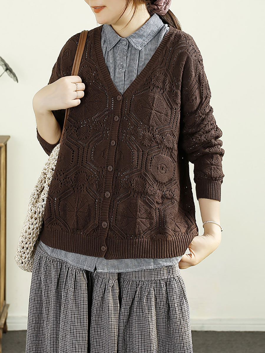 Women Autumn Vintage Knitted V-Neck Cardigan Sweater