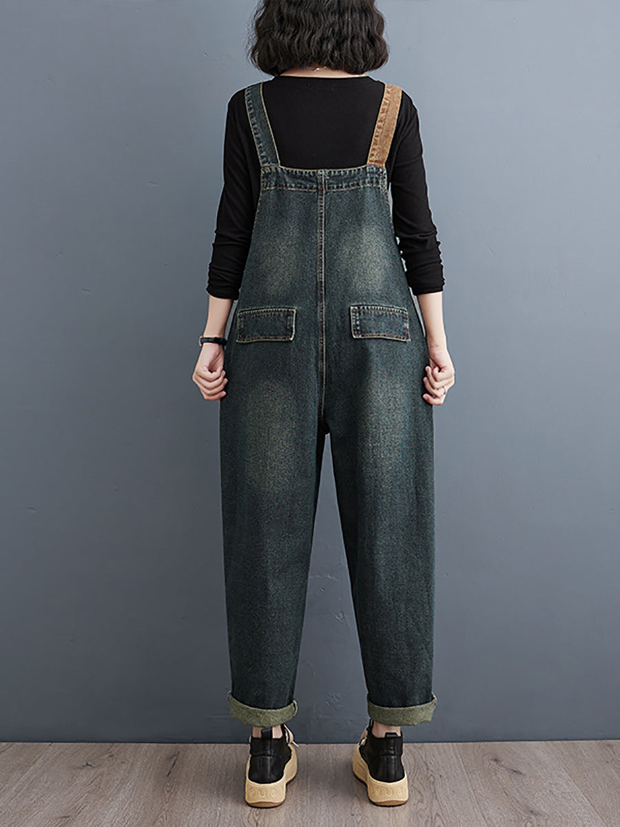 Women Vintage Colorblock Denim Loose Jumpsuits