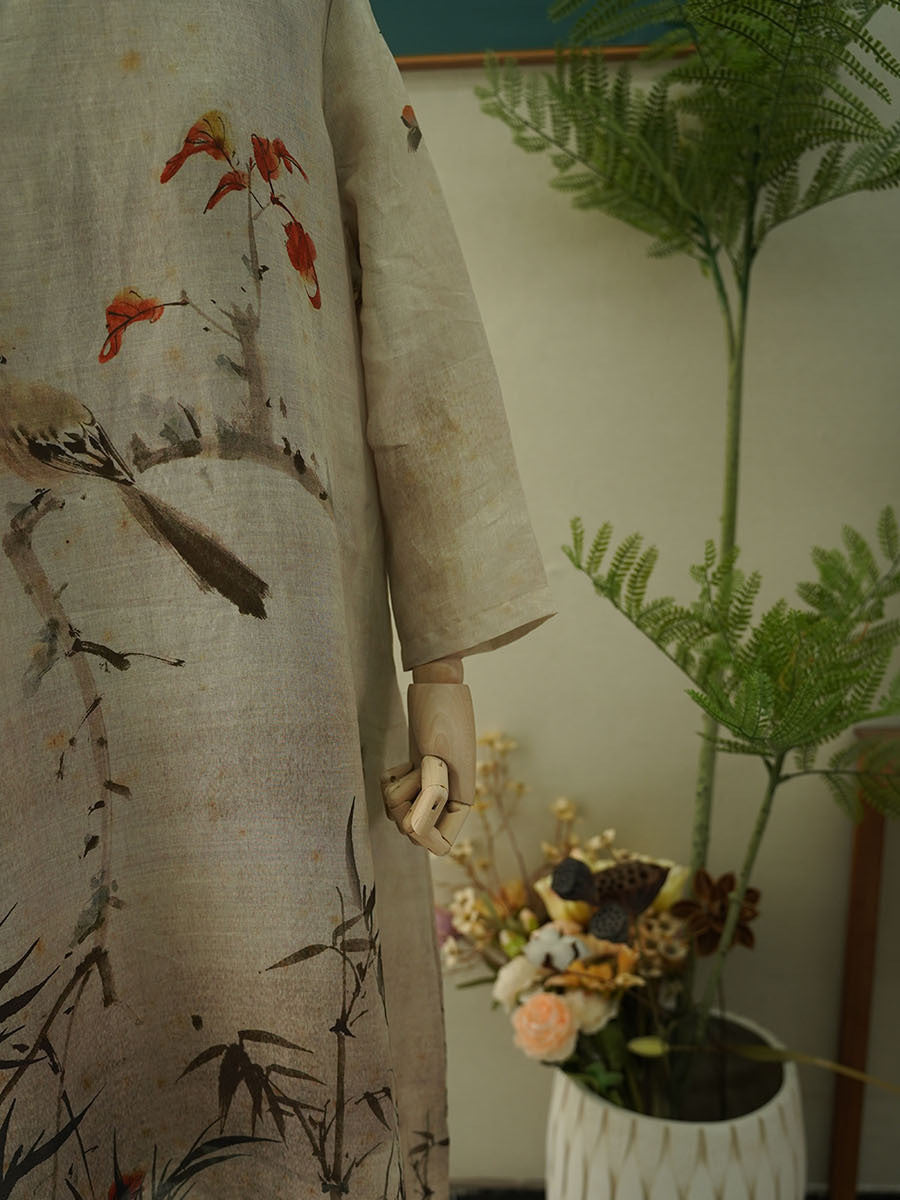 Women Summer Vintage Print Linen Robe Dress