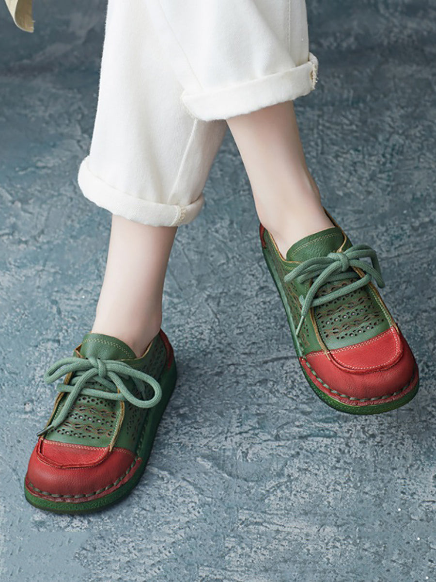 Women Summer Casual Colorblock Leather Flat Shoes