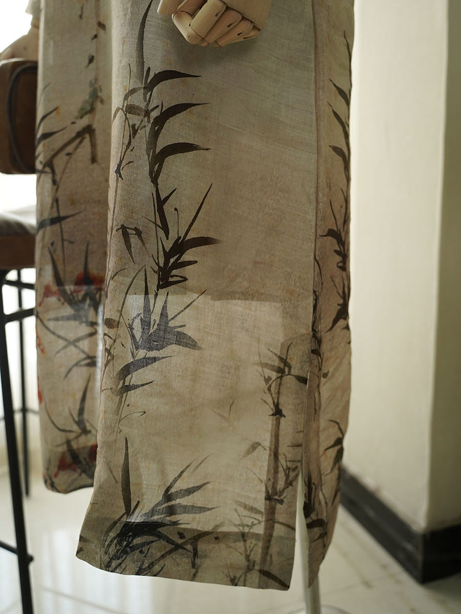 Women Summer Vintage Print Linen Robe Dress