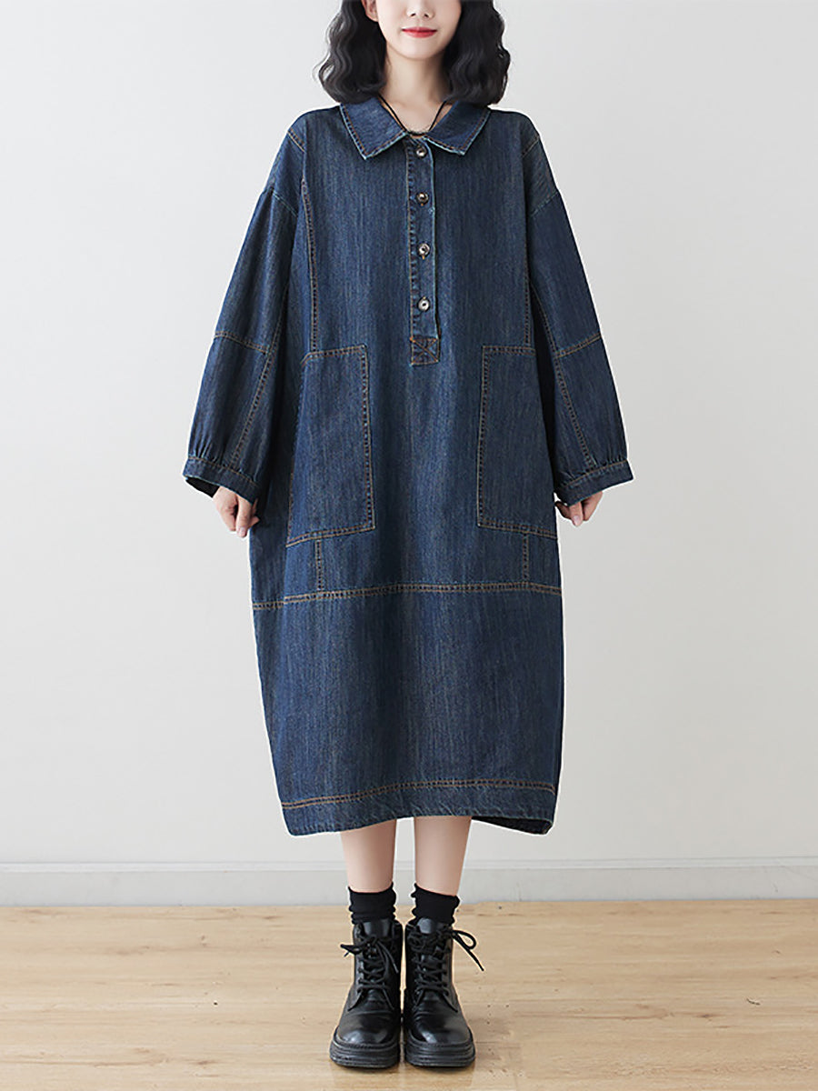 Women Summer Autumn Denim Polo Collar Denim Dress
