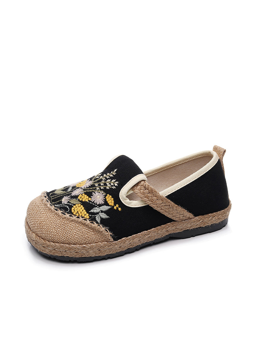 Women Summer Vintage Embroidery Linen Flat Shoes