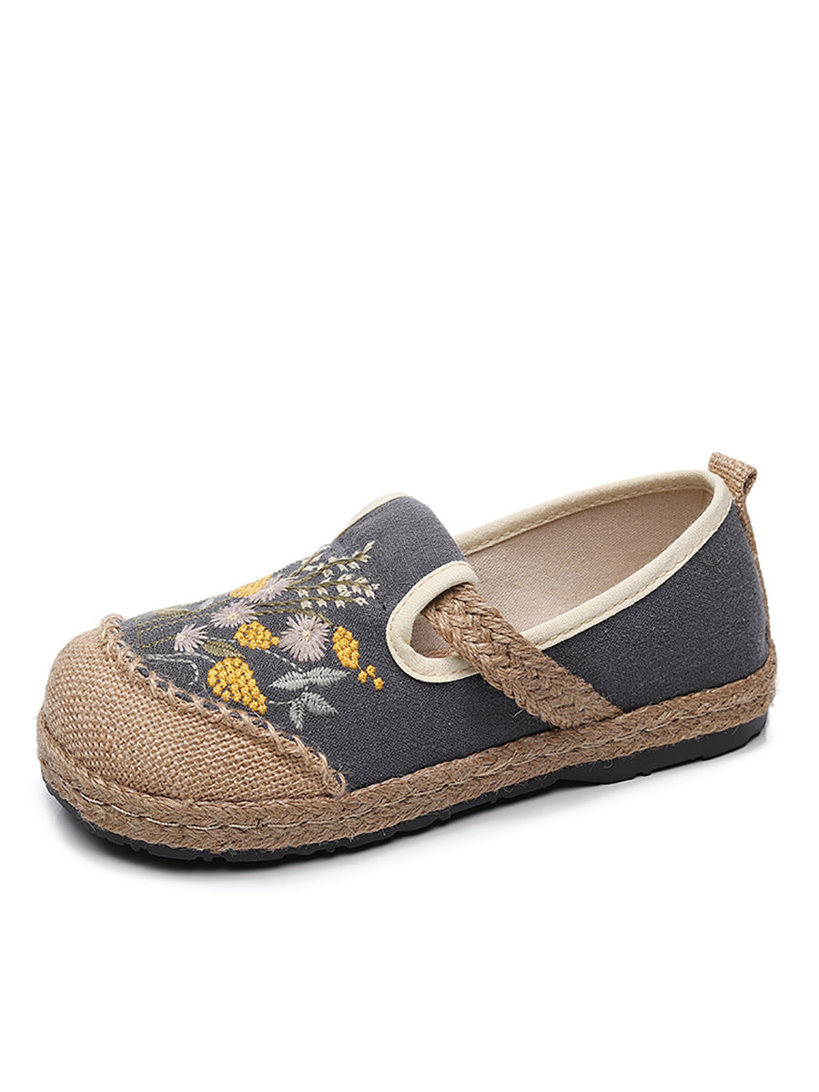 Women Summer Vintage Embroidery Linen Flat Shoes