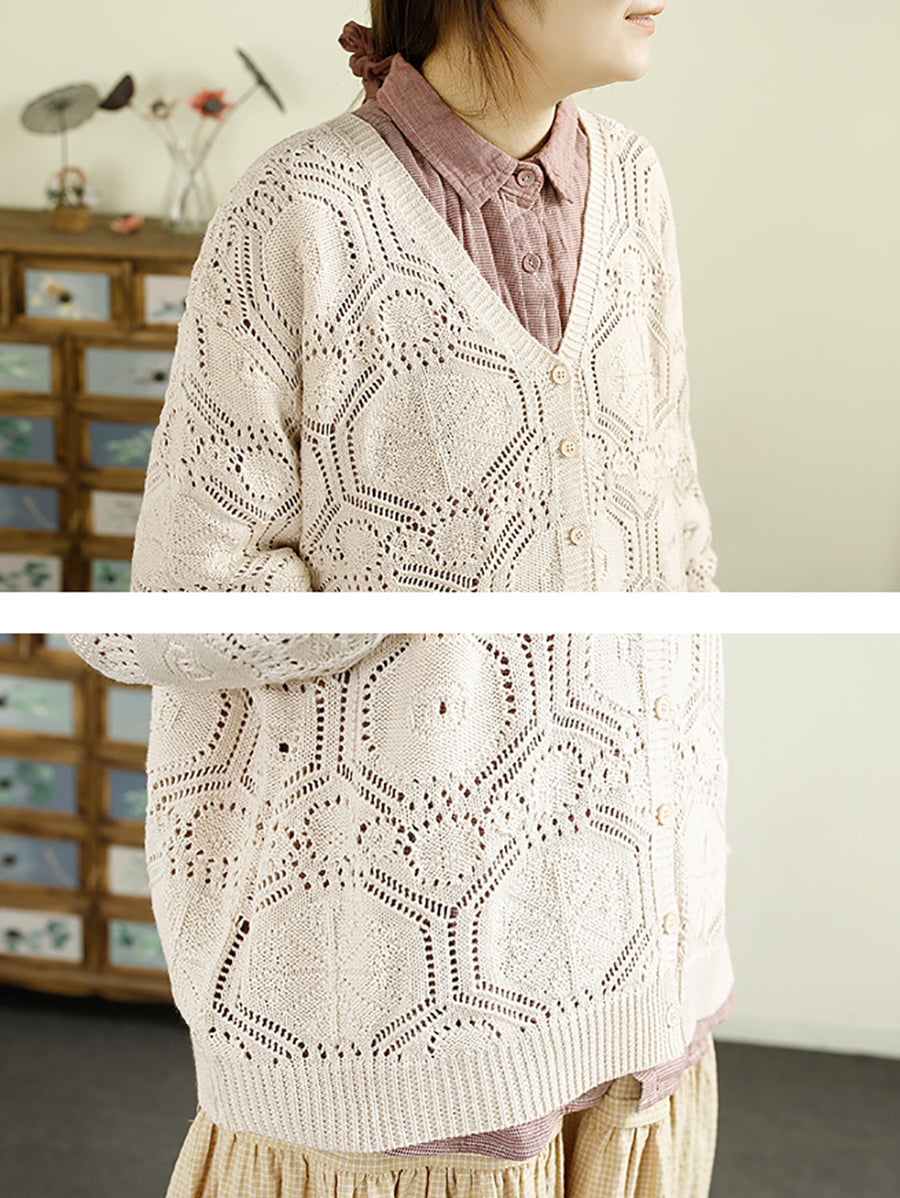 Women Autumn Vintage Knitted V-Neck Cardigan Sweater