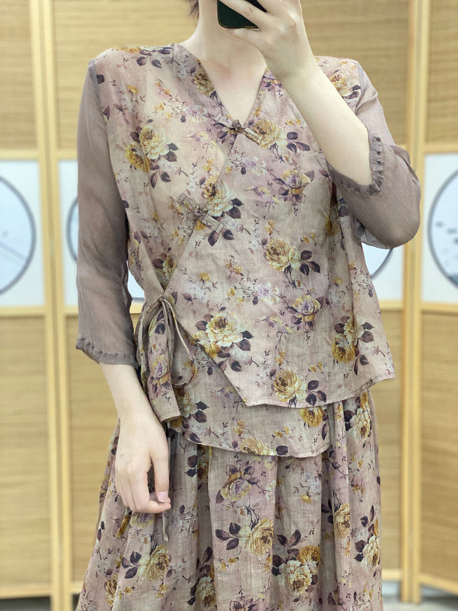 Women Vintage Floral Drawstring Button Spliced Shirt+Skirt