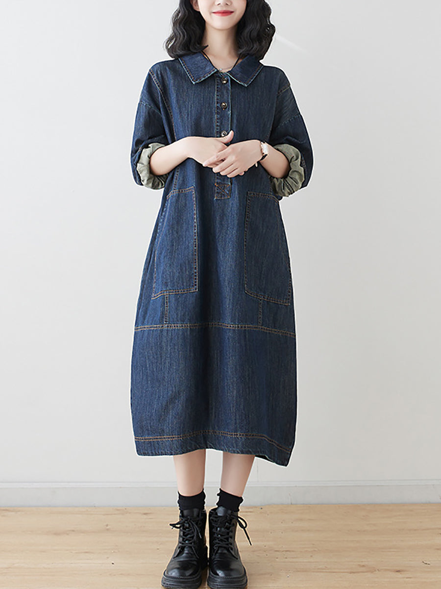 Women Summer Autumn Denim Polo Collar Denim Dress