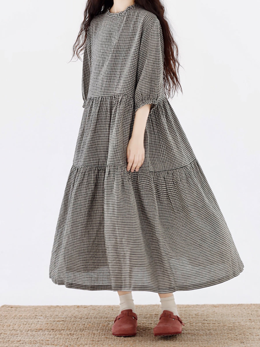 Plus Size Women Artsy Plaid Spliced 100%Cotton Tiered Dress