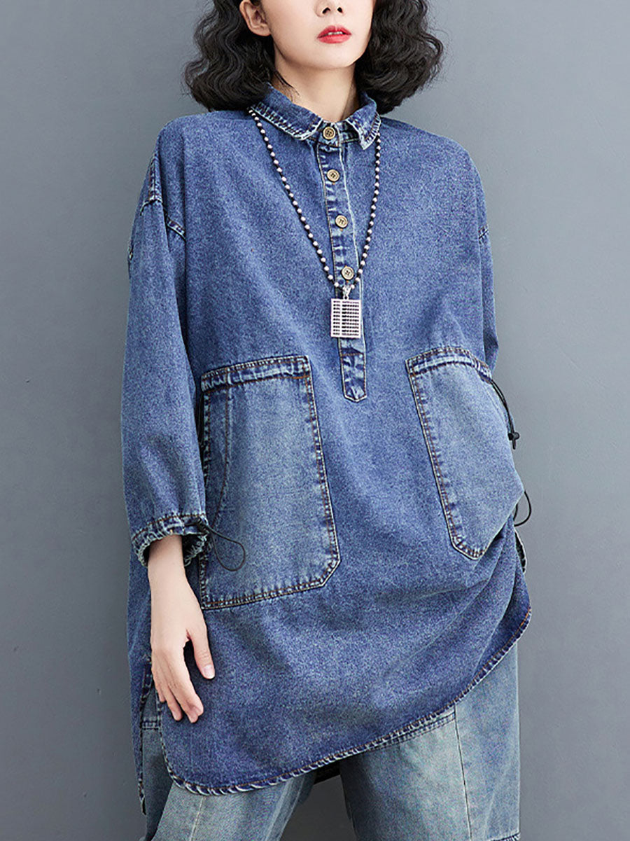 Women Casual Spring Solid Stitching Denim Long Shirt