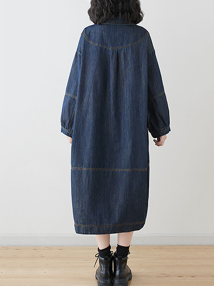Women Summer Autumn Denim Polo Collar Denim Dress