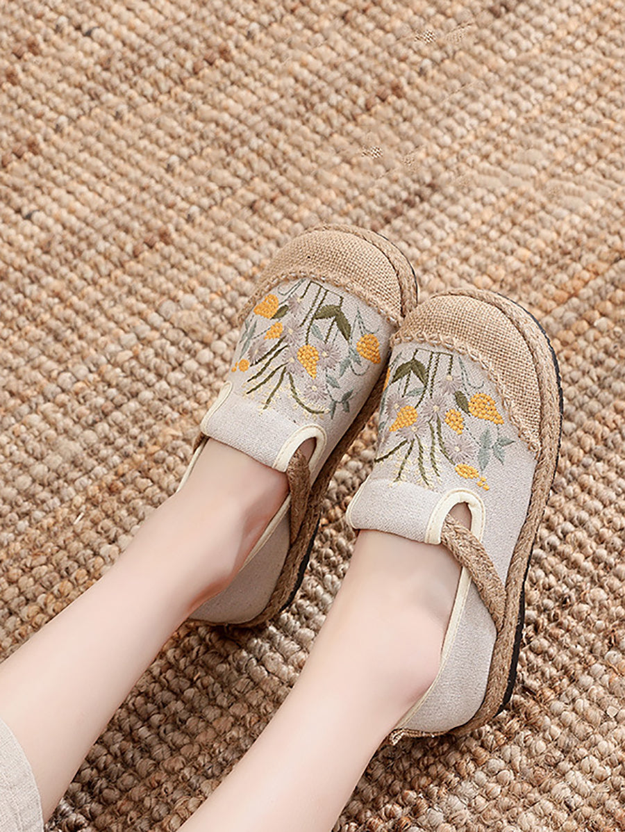 Women Summer Vintage Embroidery Linen Flat Shoes