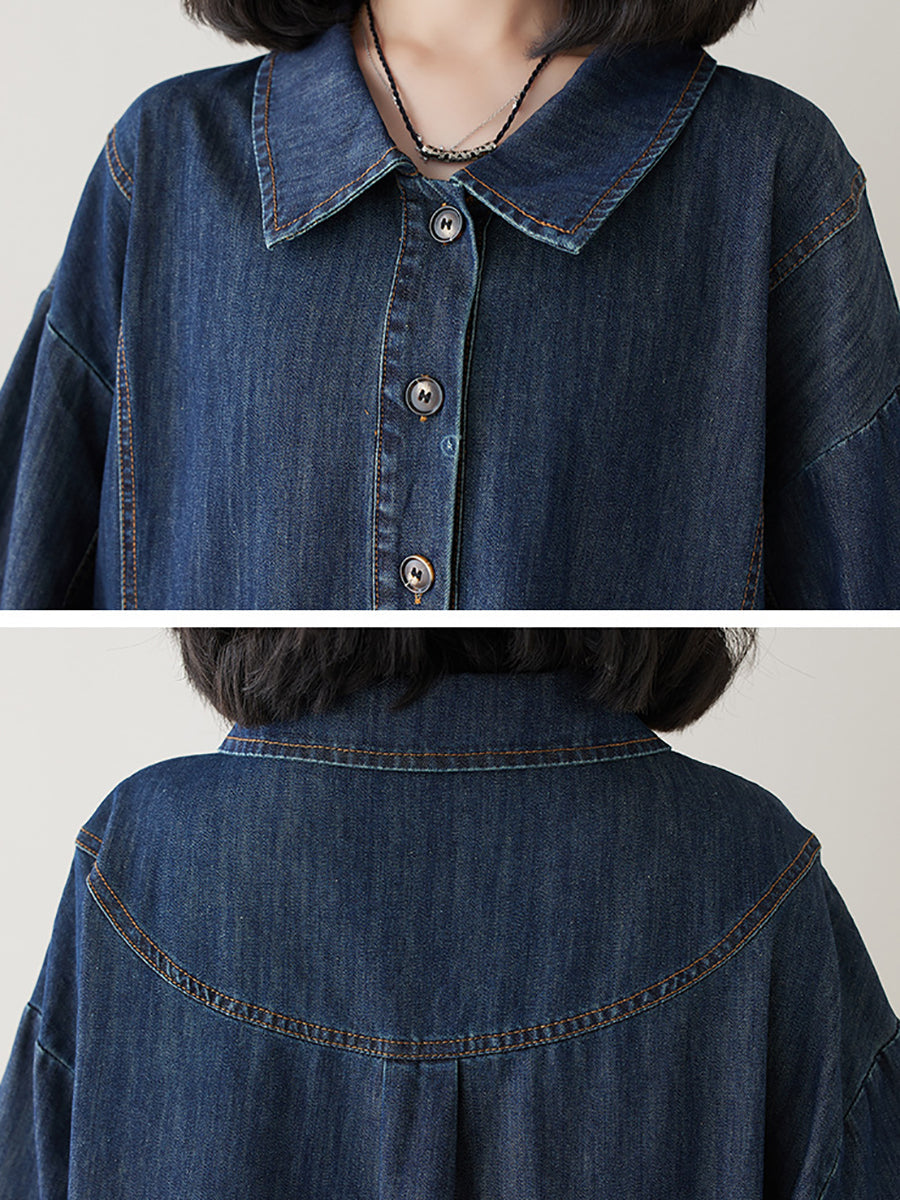 Women Summer Autumn Denim Polo Collar Denim Dress