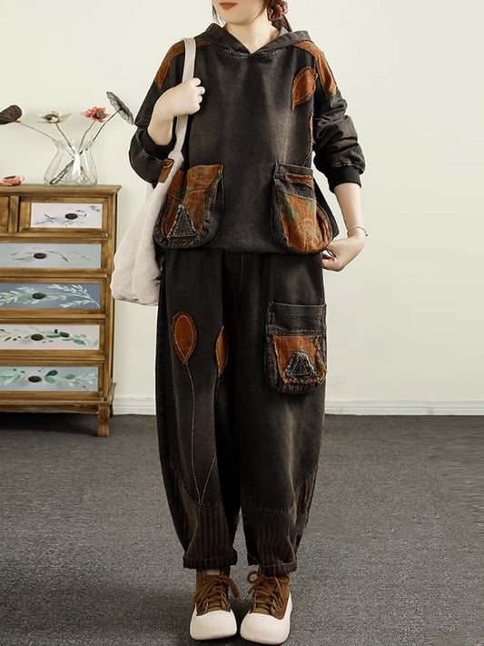 Women Vintage Autumn Patch Spliced Hooded Cotton Suits