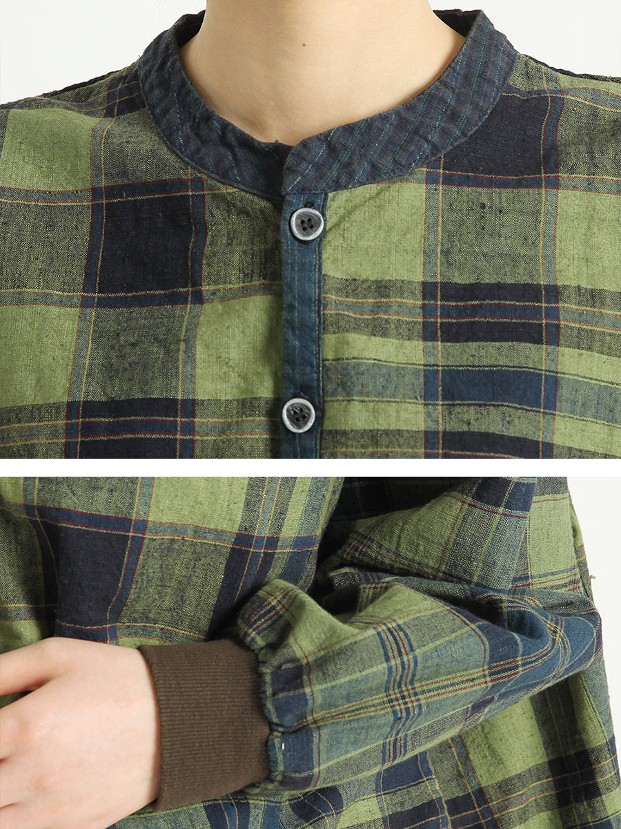 Stripe Linen Long Sleeve Women Loose Green Shirt