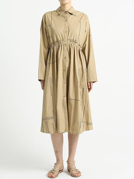 Turndown Collar Long Sleeve Loose Casual Cotton Dress