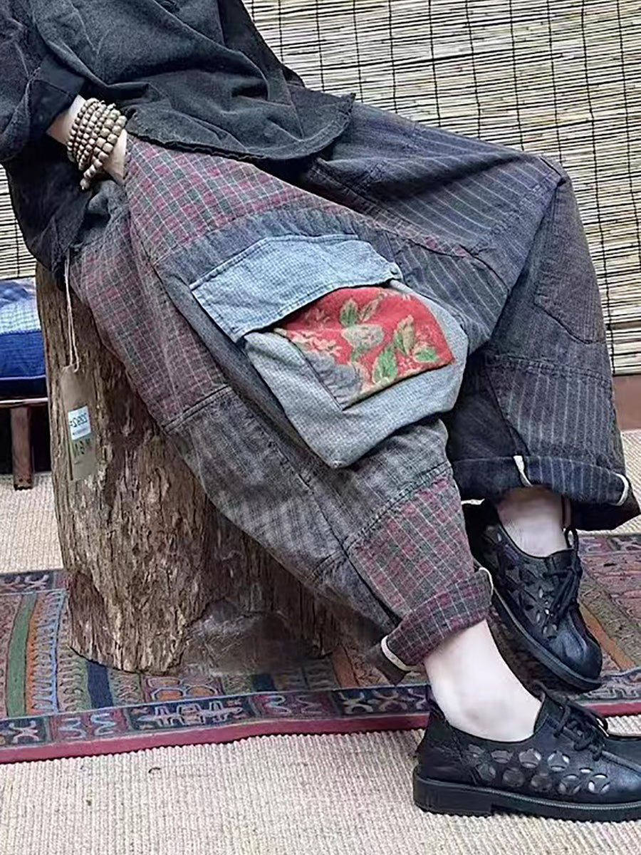 بالإضافة إلى حجم السراويل النسائية النمط الصيني المرقعة جيب فضفاض