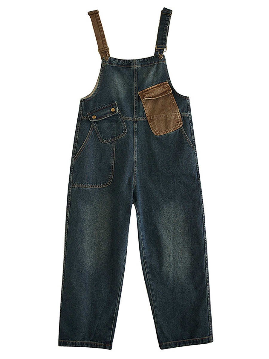 Women Vintage Colorblock Denim Loose Jumpsuits