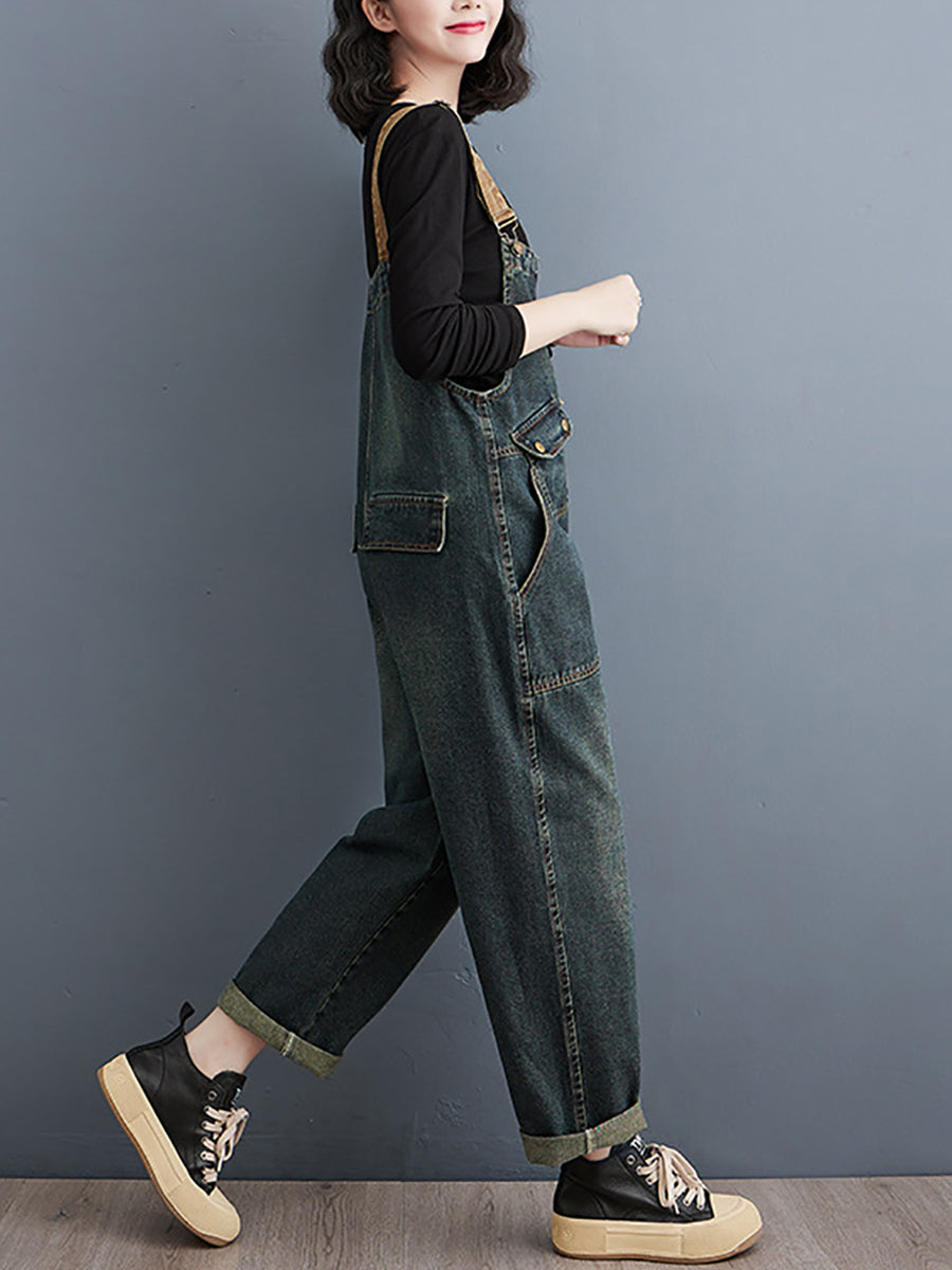 Women Vintage Colorblock Denim Loose Jumpsuits