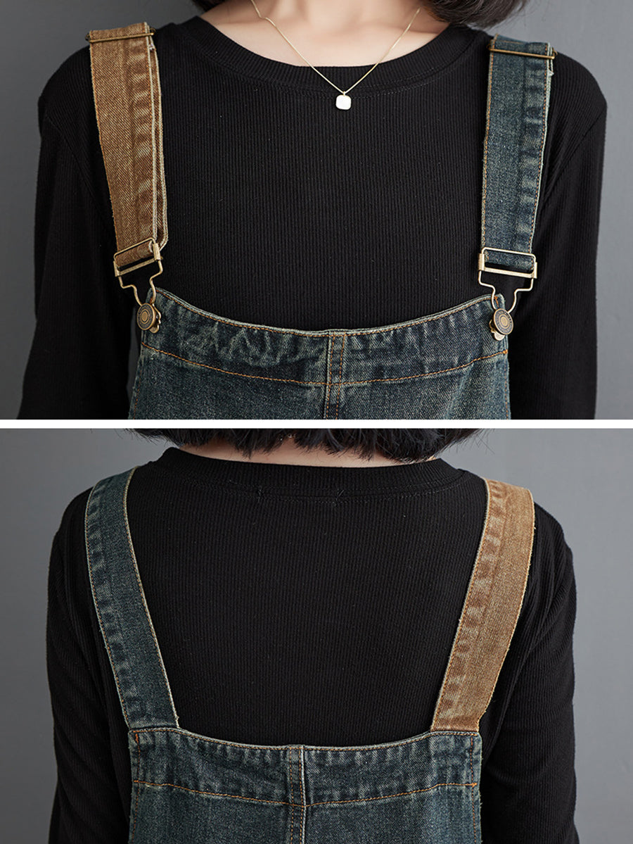 Women Vintage Colorblock Denim Loose Jumpsuits