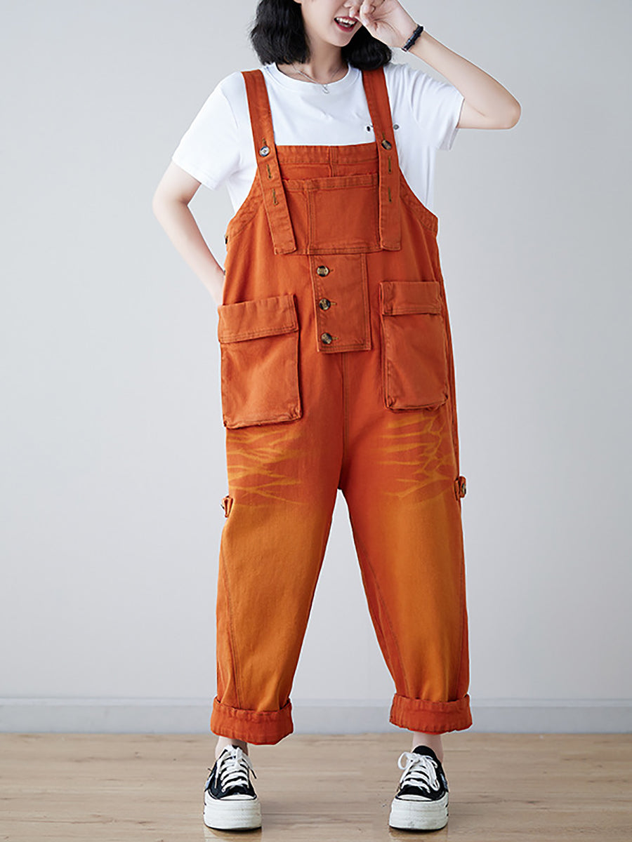 Women Vintage Spliced Washed Denim Loose Jumpsuits