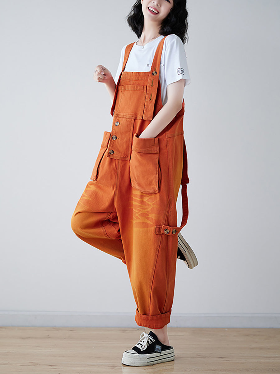 Women Vintage Spliced Washed Denim Loose Jumpsuits
