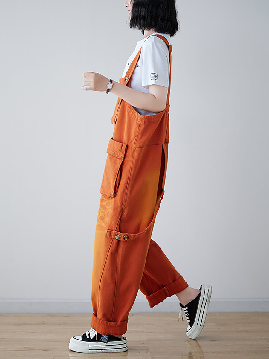 Women Vintage Spliced Washed Denim Loose Jumpsuits