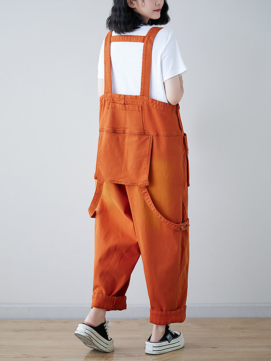 Women Vintage Spliced Washed Denim Loose Jumpsuits