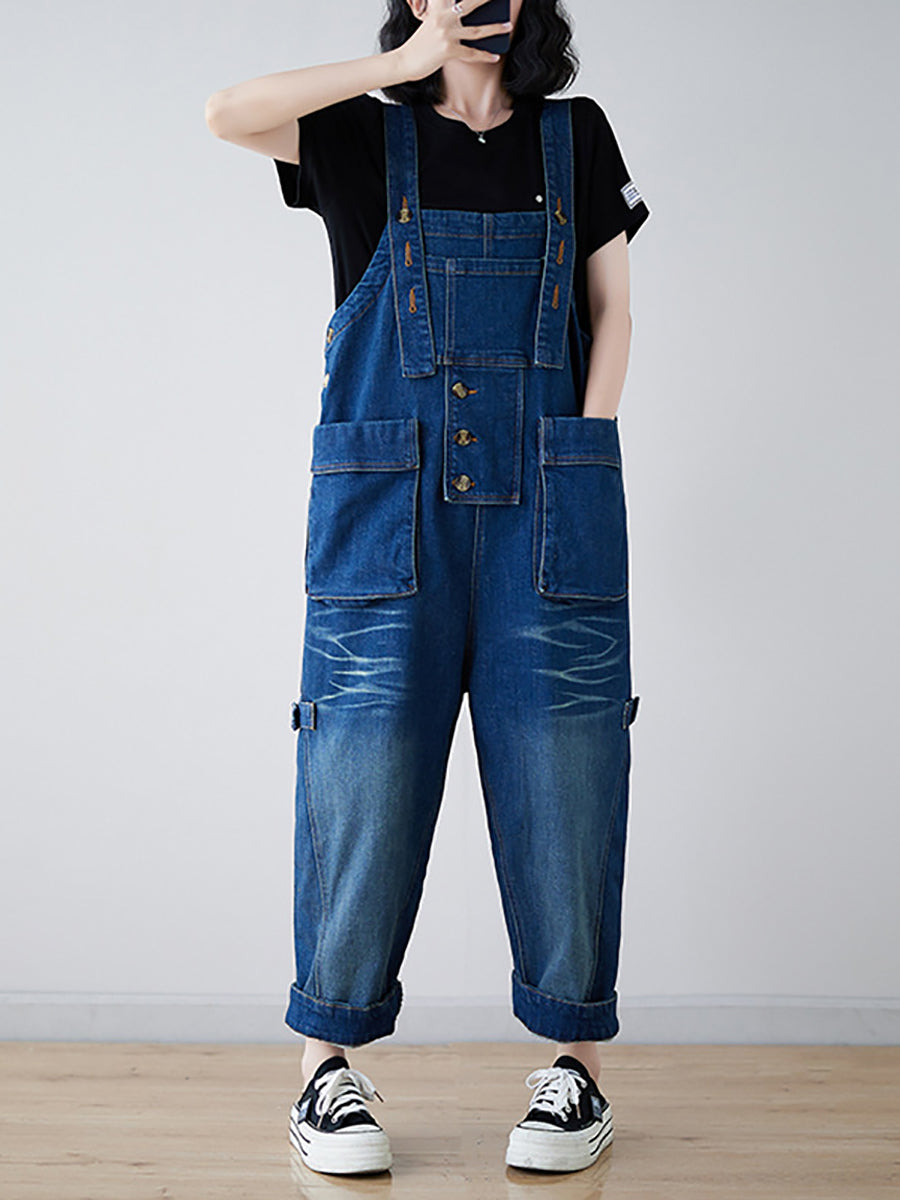 Women Vintage Spliced Washed Denim Loose Jumpsuits