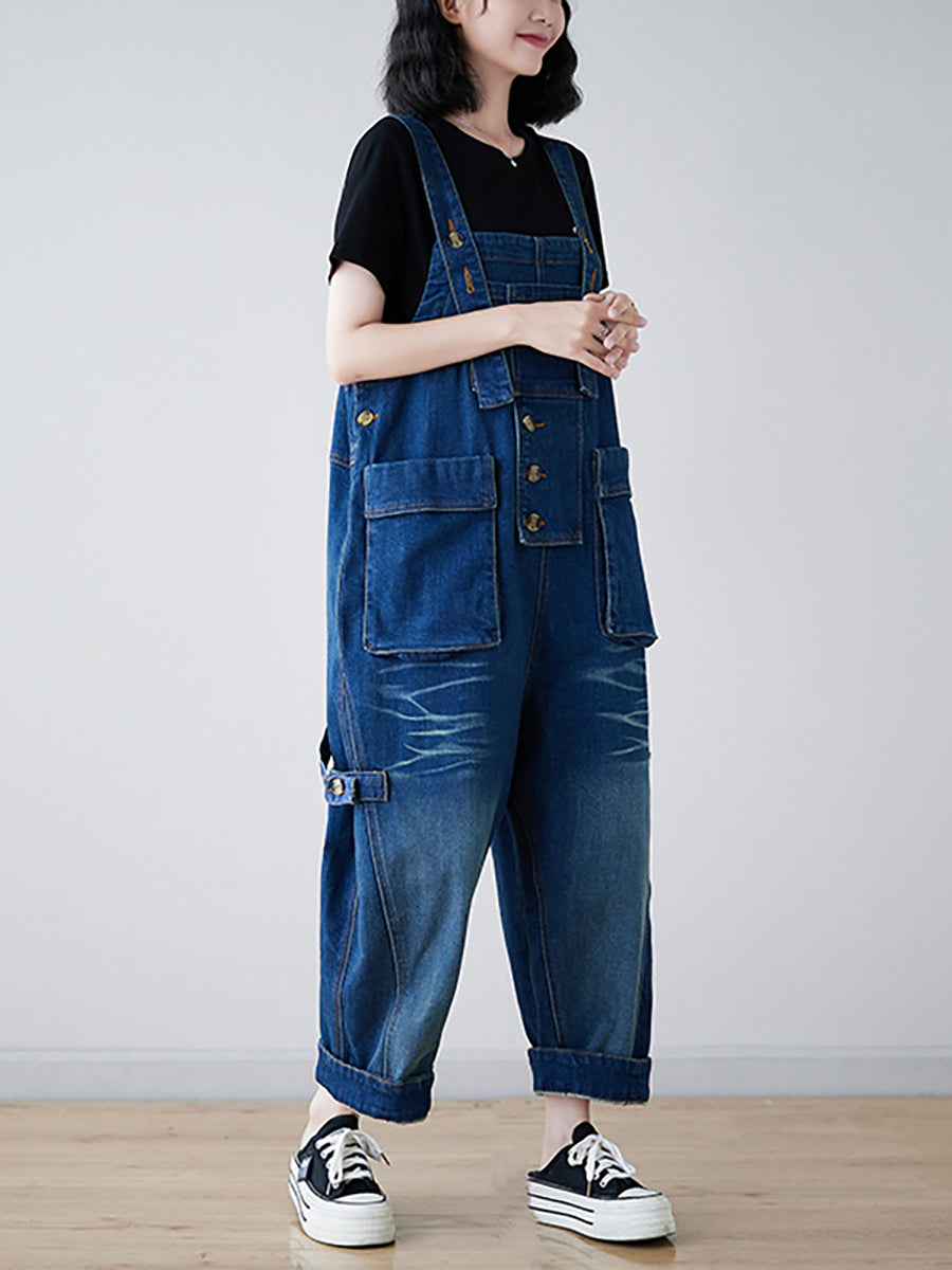 Women Vintage Spliced Washed Denim Loose Jumpsuits