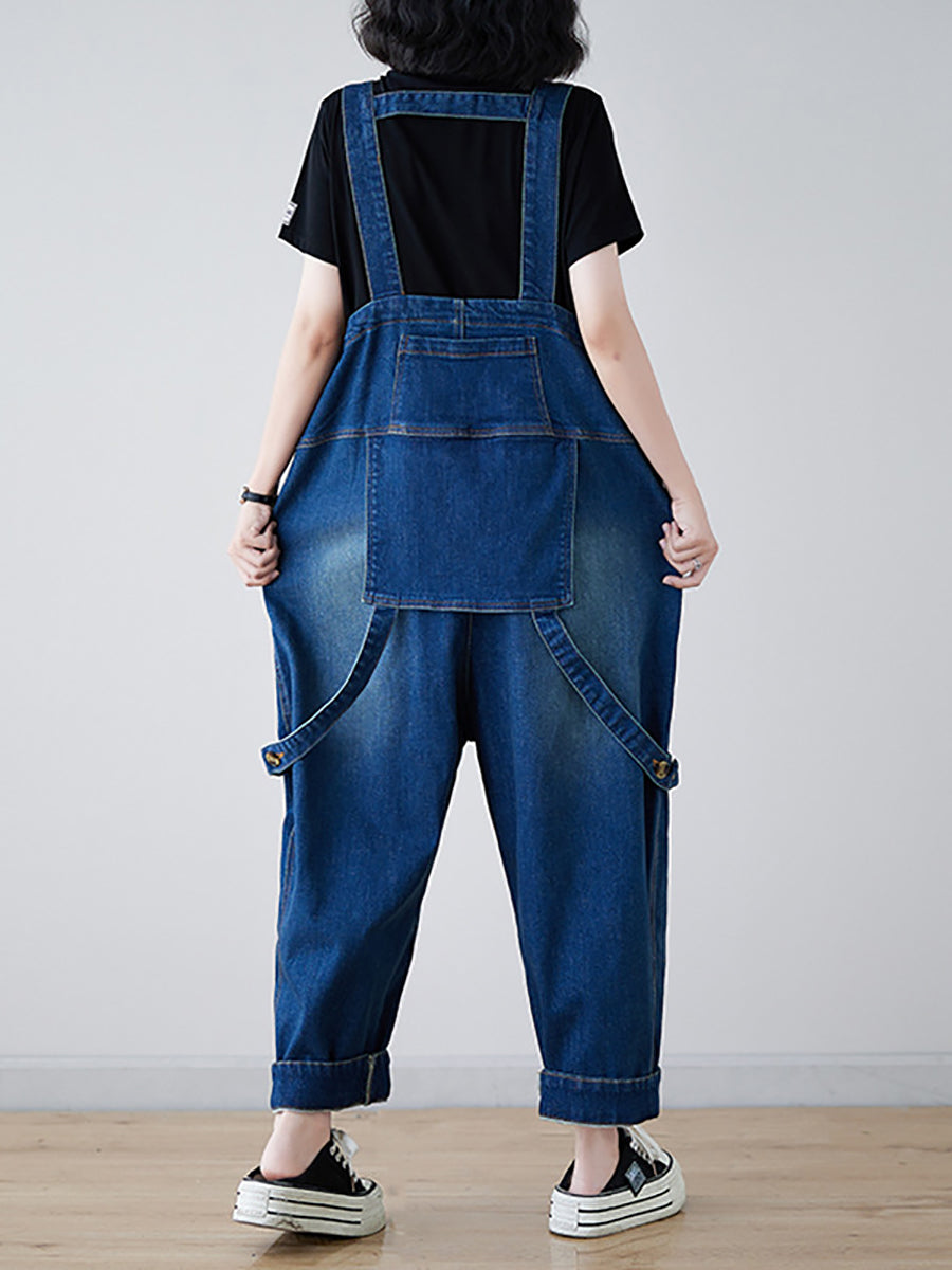 Women Vintage Spliced Washed Denim Loose Jumpsuits