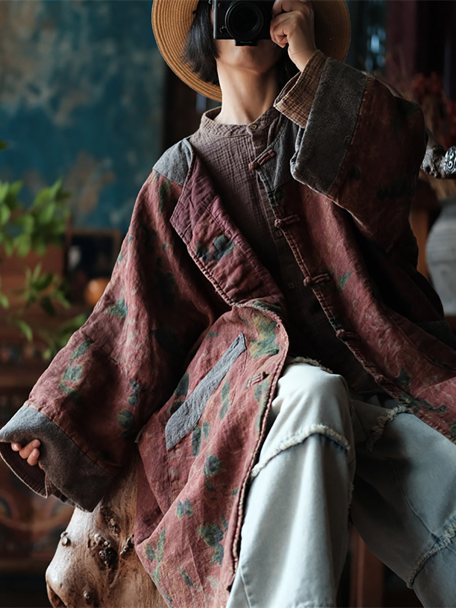 Women Ethnic Flower Spliced Loosse Linen Coat