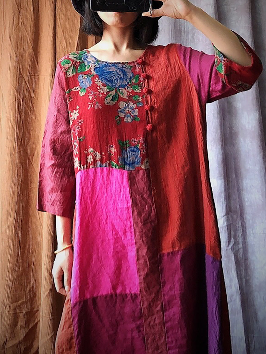 Women Summer Ethnic Patch Spliced Cotton Dress