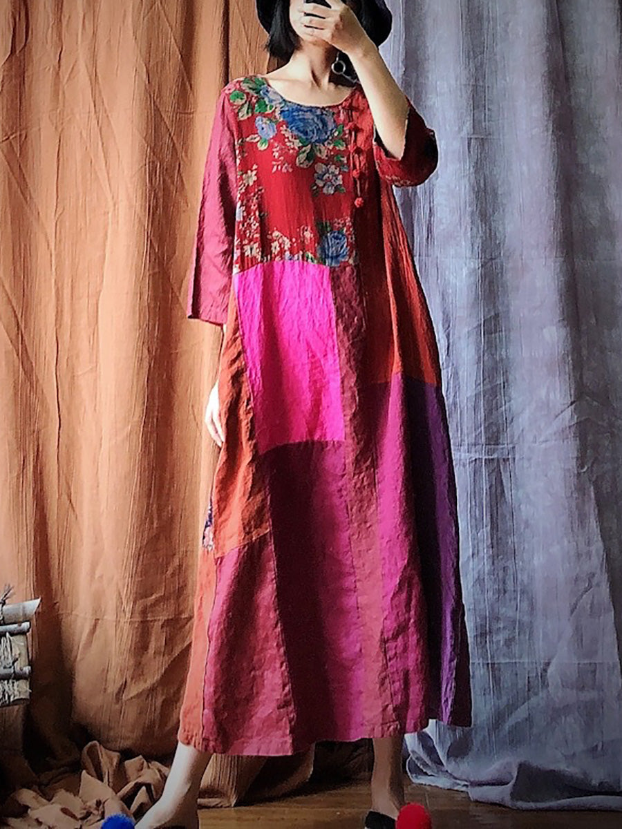 Women Summer Ethnic Patch Spliced Cotton Dress