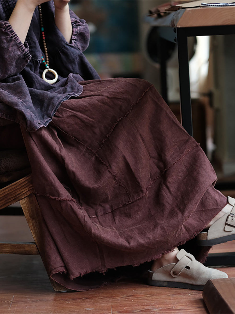 Women Ethnic Raw-edge Spliced Linen Skirt