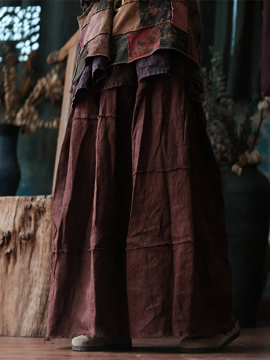 Women Ethnic Raw-edge Spliced Linen Skirt